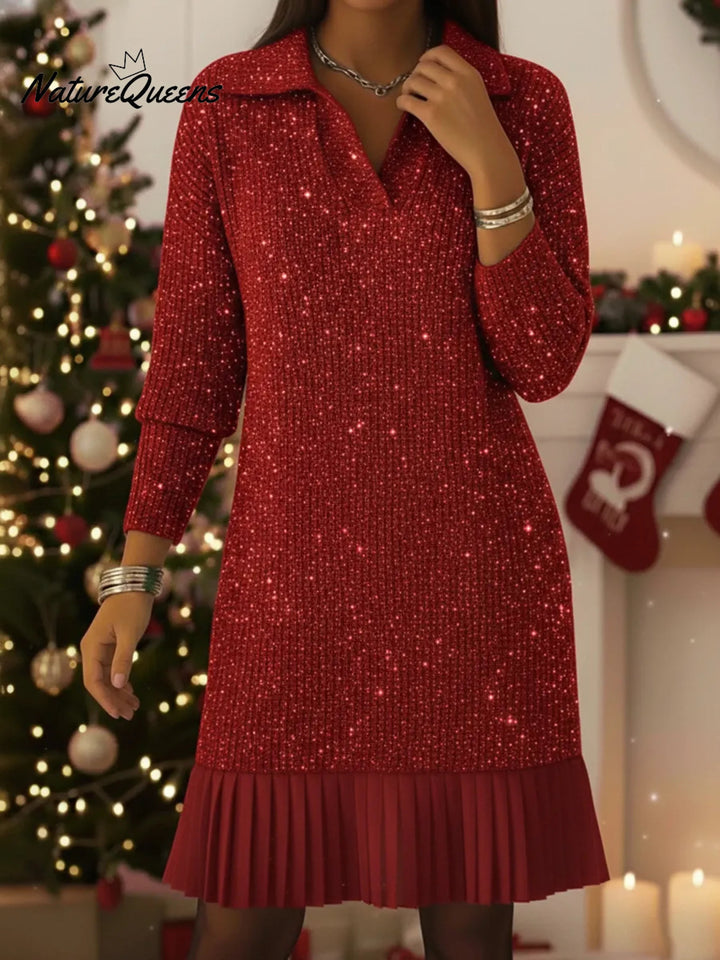 Elegant Polo Neck Shimmering Knit Dress
