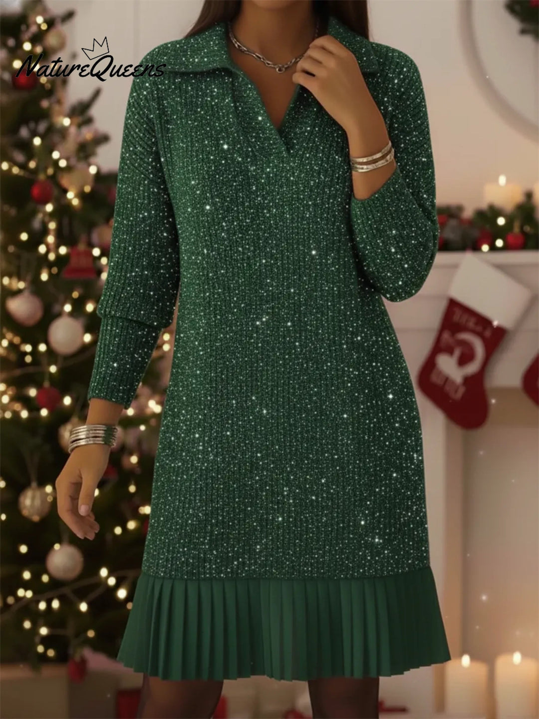 Elegant Polo Neck Shimmering Knit Dress