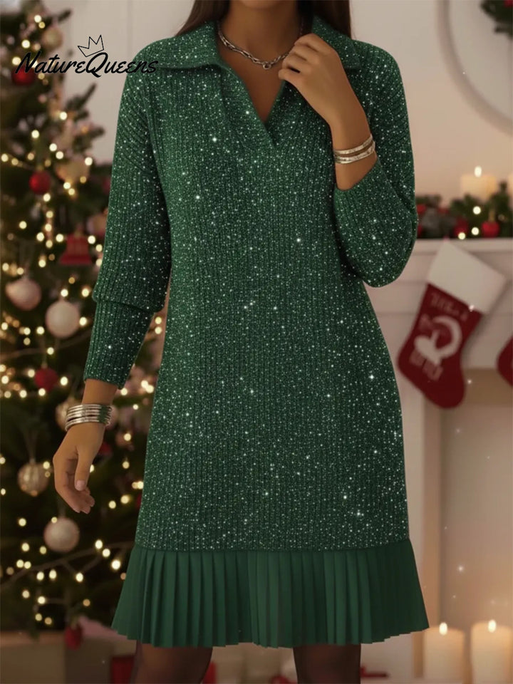 Elegant Polo Neck Shimmering Knit Dress