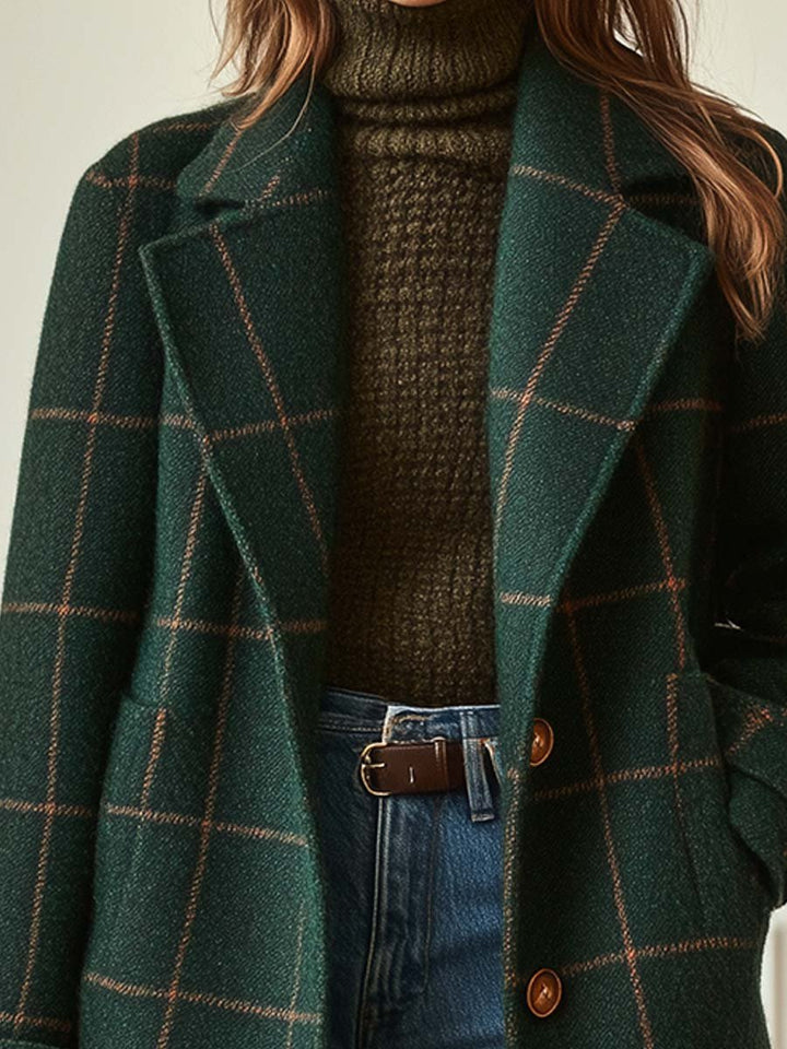 Retro Lapel Plaid Tweed-Coat