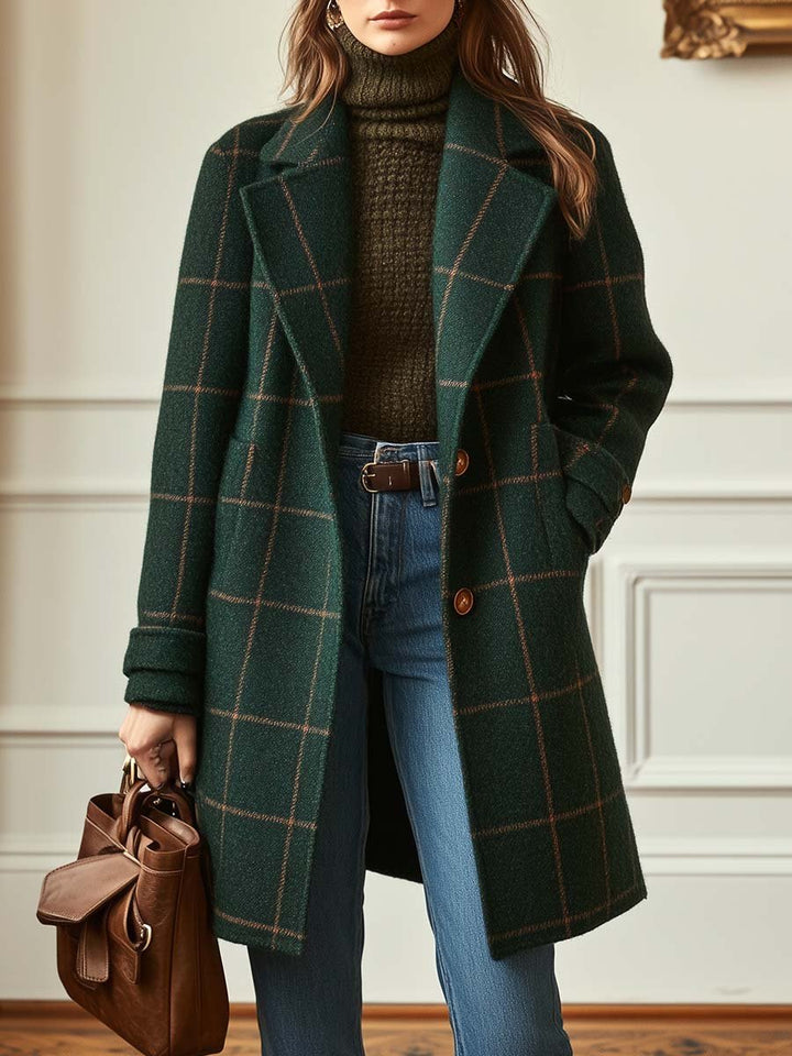 Retro Lapel Plaid Tweed-Coat
